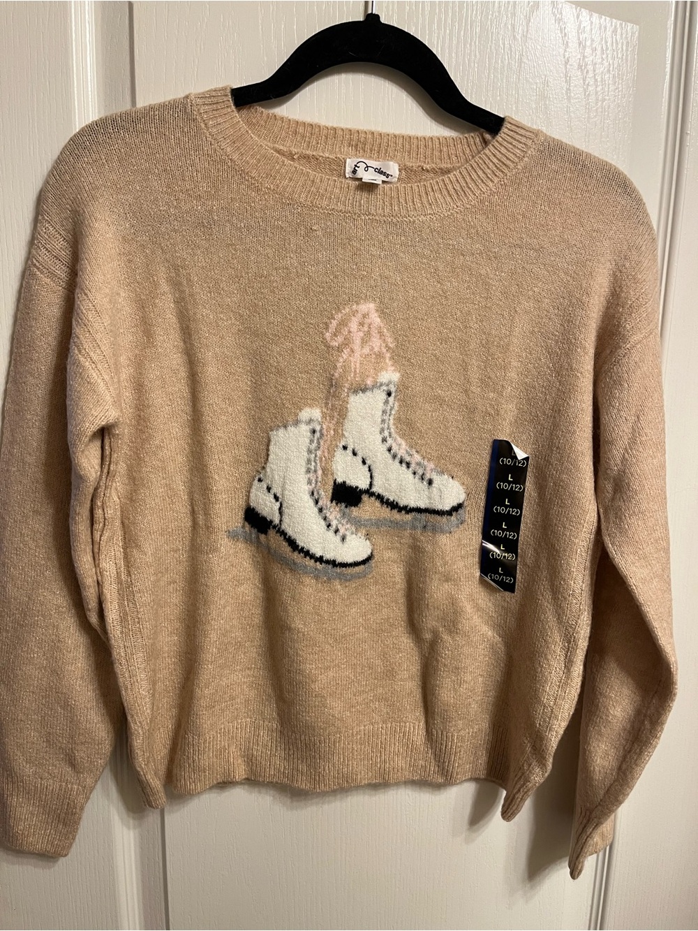 art class Beige Crewneck Sweater with White Ice Skate Motif